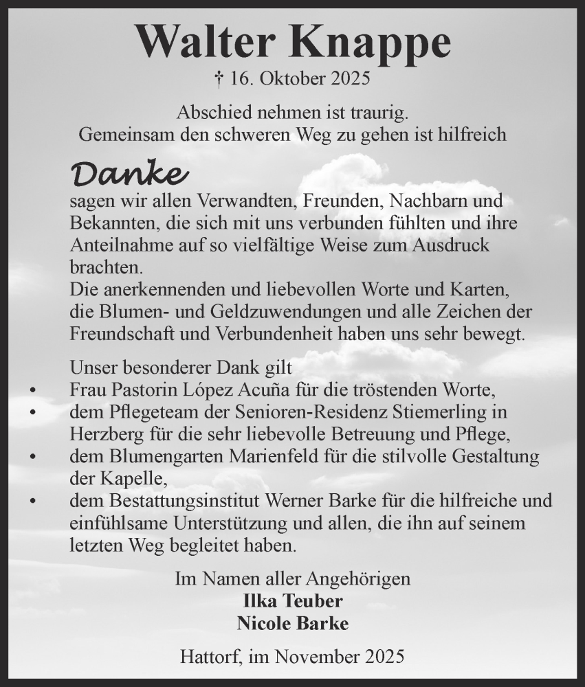  Traueranzeige für Walter Knappe vom 08.11.2025 aus Harz Kurier