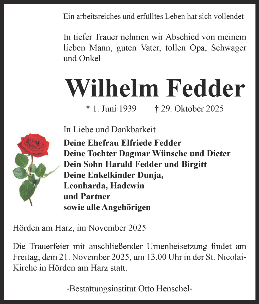  Traueranzeige für Wilhelm Fedder vom 15.11.2025 aus Harz Kurier
