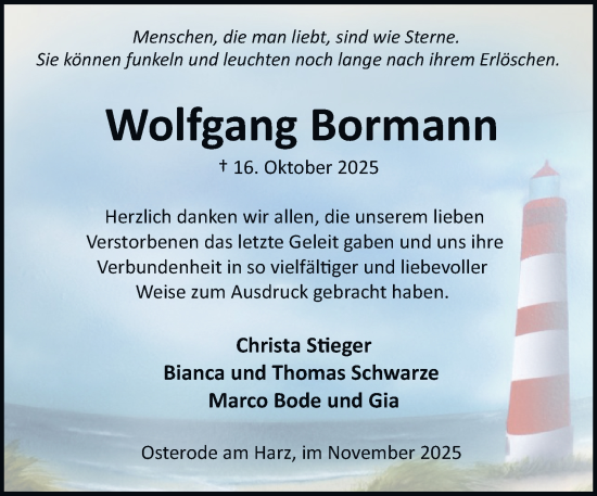 Traueranzeige von Wolfgang Bormann von Harz Kurier