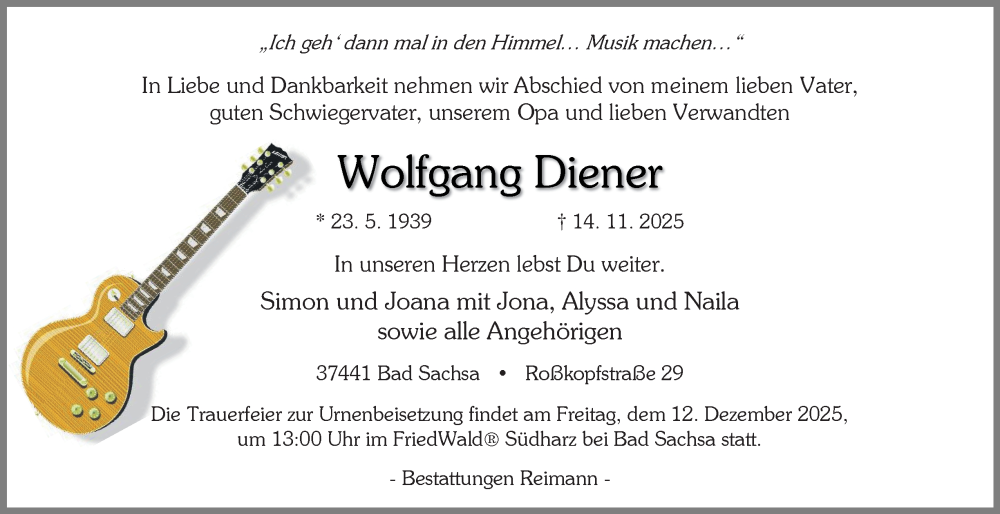 Traueranzeige für Wolfgang Diener vom 29.11.2025 aus Harz Kurier