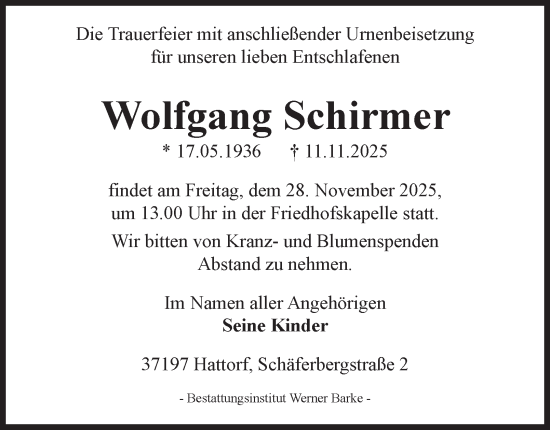 Traueranzeige von Wolfgang Schirmer von Harz Kurier
