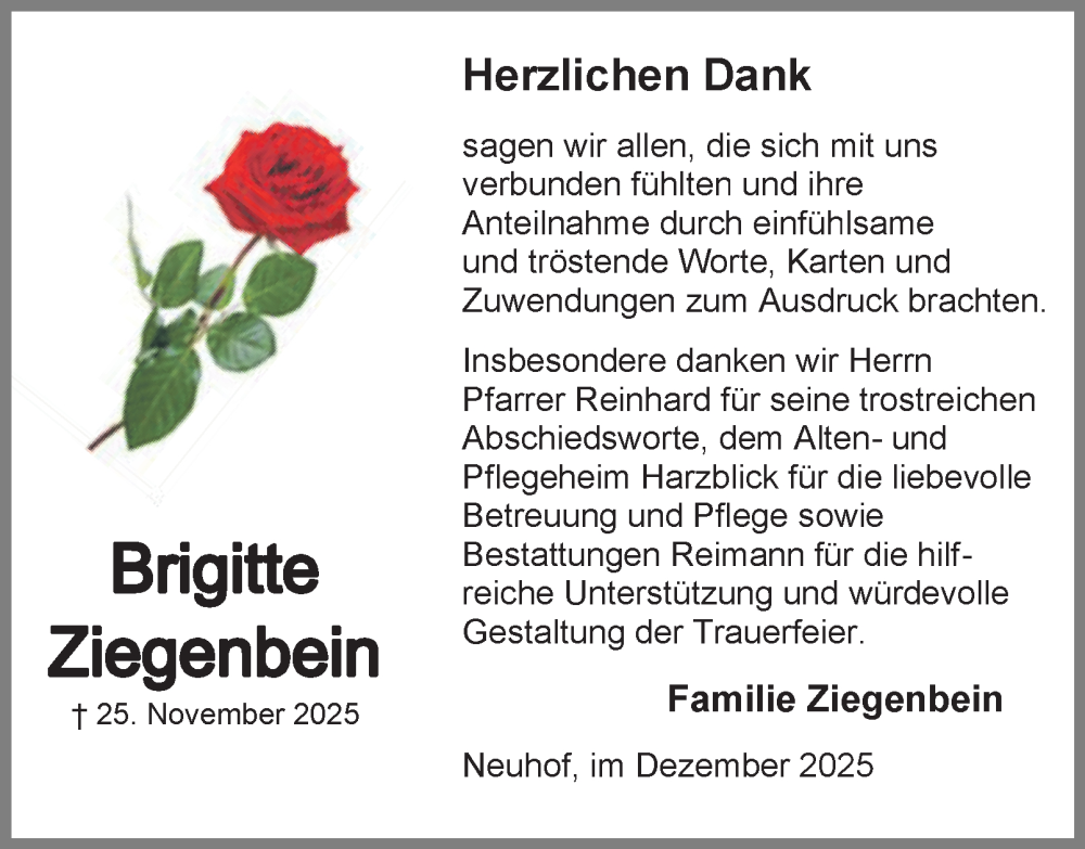  Traueranzeige für Brigitte Ziegenbein vom 20.12.2025 aus Harz Kurier