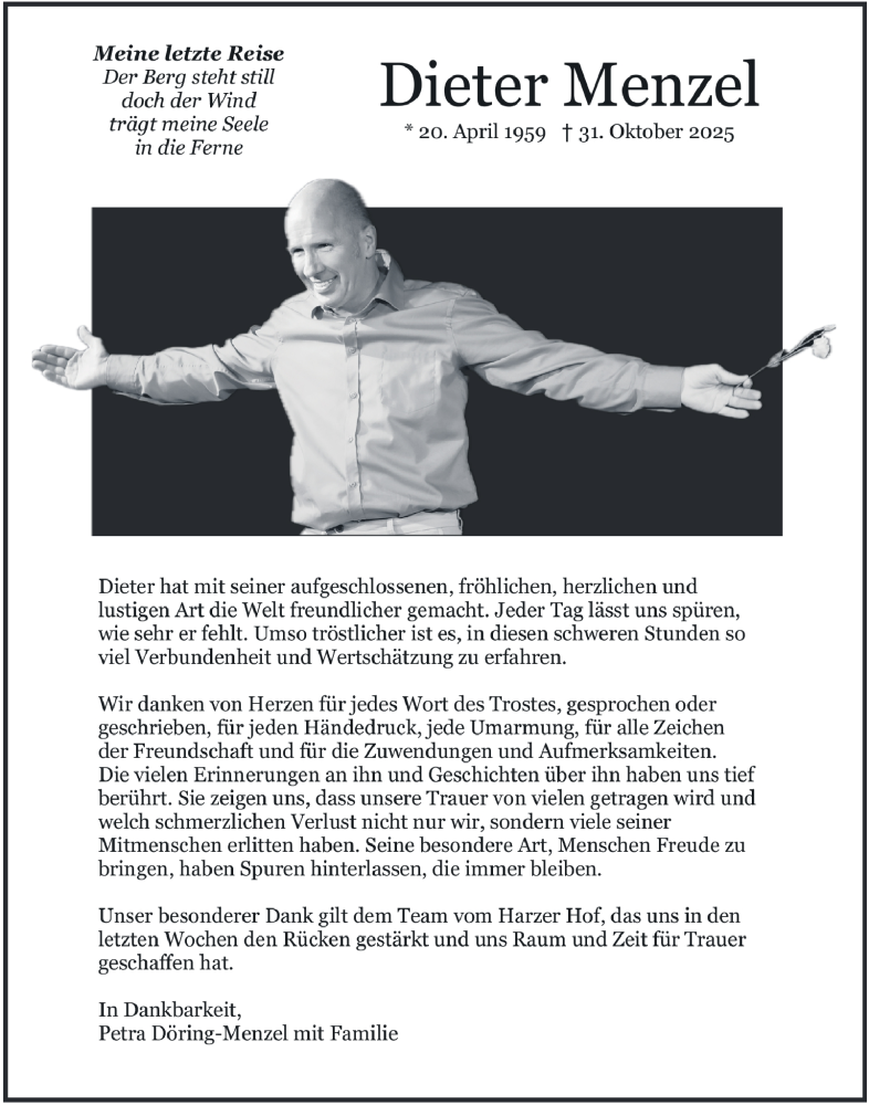  Traueranzeige für Dieter Menzel vom 13.12.2025 aus Harz Kurier