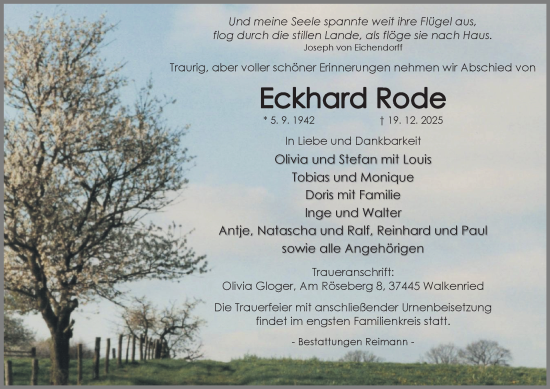 Traueranzeige von Eckhard Rode von Harz Kurier