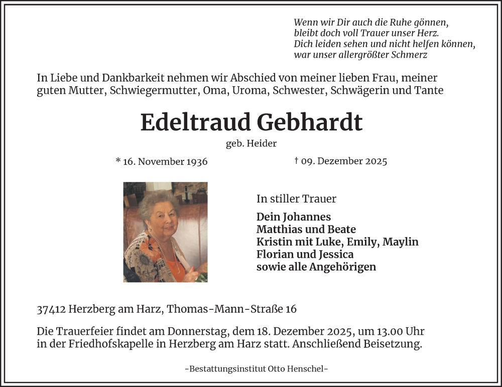  Traueranzeige für Edeltraud Gebhardt vom 13.12.2025 aus Harz Kurier