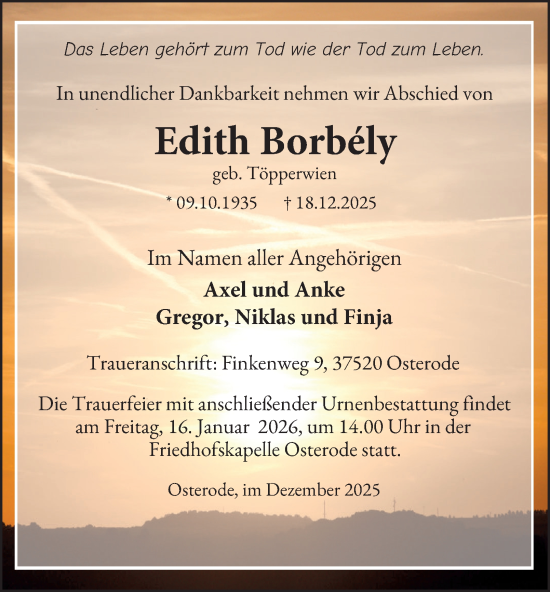Traueranzeige von Edith Borbély von Harz Kurier