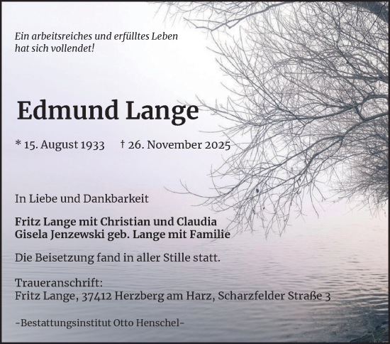 Traueranzeige von Edmund Lange von Harz Kurier