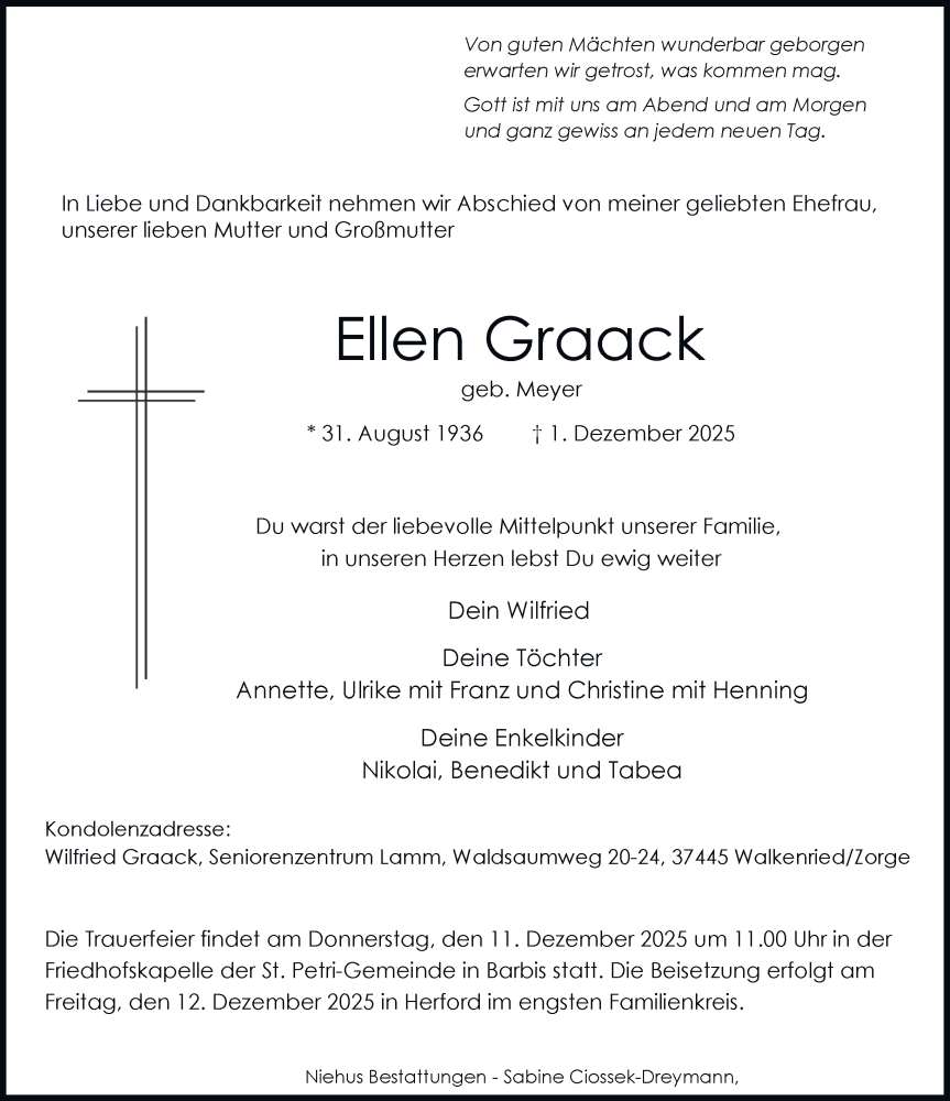  Traueranzeige für Ellen Graack vom 06.12.2025 aus Harz Kurier
