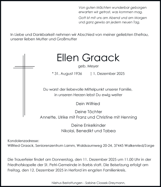 Traueranzeige von Ellen Graack von Harz Kurier