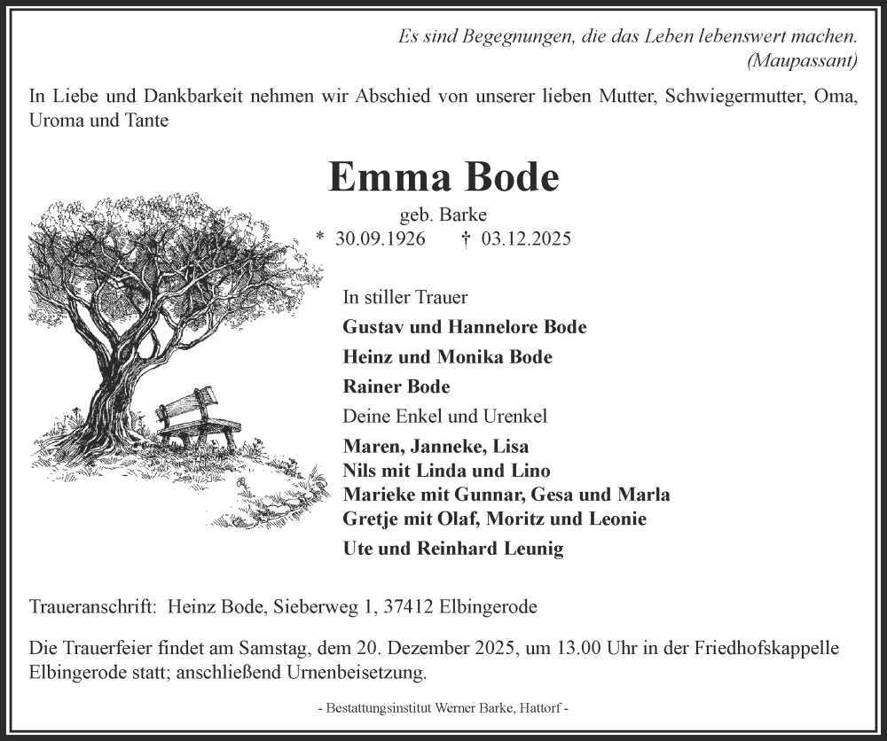  Traueranzeige für Emma Bode vom 13.12.2025 aus Harz Kurier