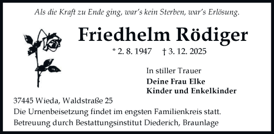 Traueranzeige von Friedhelm Rödiger von Harz Kurier