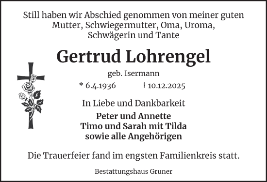 Traueranzeige von Gertrud Lohrengel von Harz Kurier