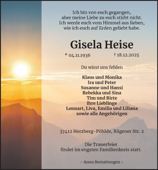 Traueranzeige von Gisela Heise von Harz Kurier