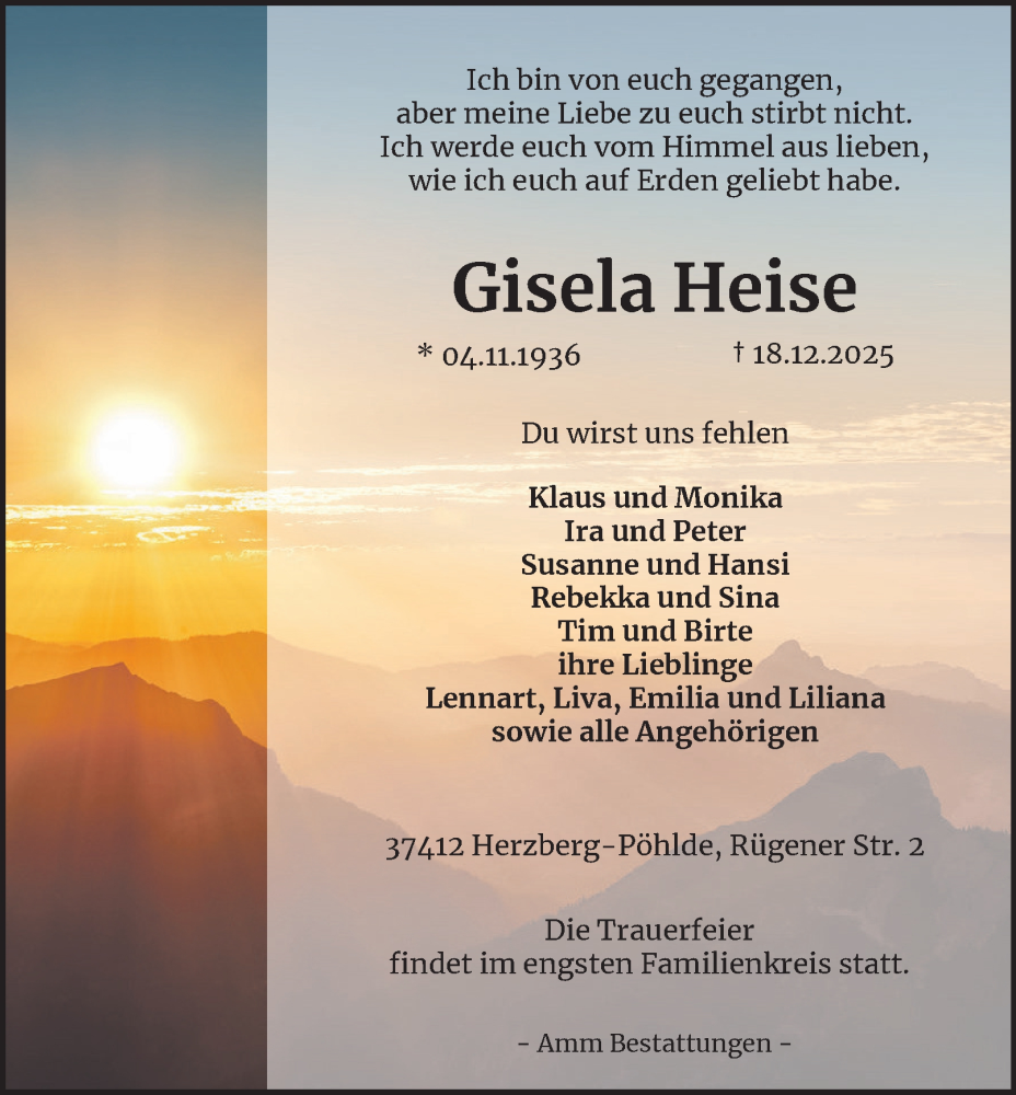  Traueranzeige für Gisela Heise vom 20.12.2025 aus Harz Kurier