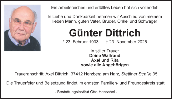 Traueranzeige von Günter Dittrich von Harz Kurier