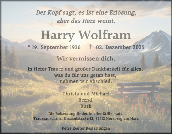 Traueranzeige von Harry Wolfram von Harz Kurier