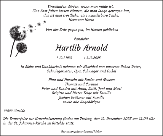 Traueranzeige von Hartlib Arnold von Harz Kurier