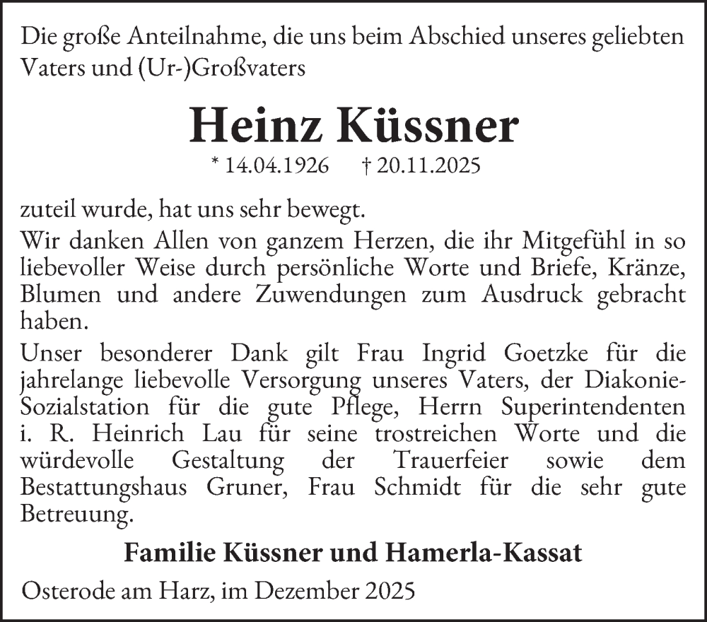  Traueranzeige für Heinz Küssner vom 20.12.2025 aus Harz Kurier