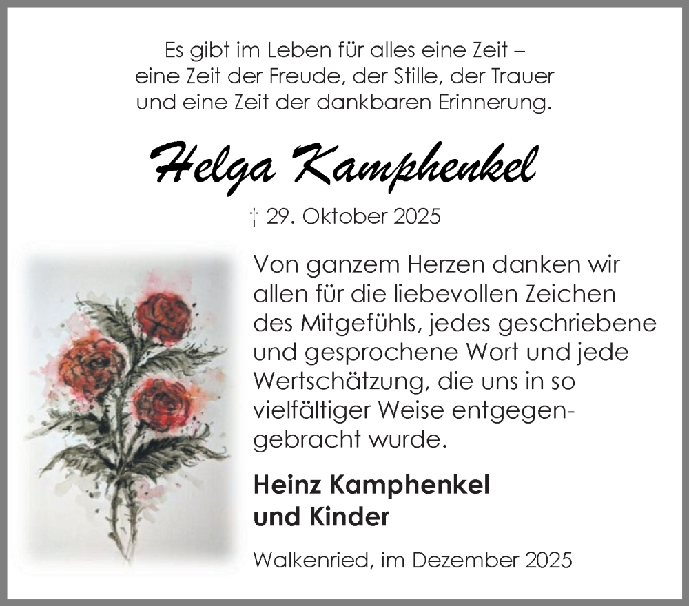  Traueranzeige für Helga Kamphenkel vom 06.12.2025 aus Harz Kurier
