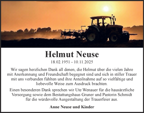 Traueranzeige von Helmut Neuse von Harz Kurier
