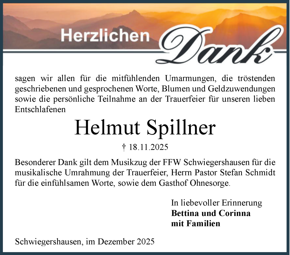  Traueranzeige für Helmut Spillner vom 13.12.2025 aus Harz Kurier