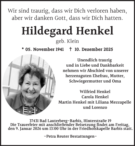 Traueranzeige von Hildegard Henkel von Harz Kurier