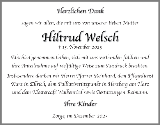 Traueranzeige von Hiltrud Welsch von Harz Kurier