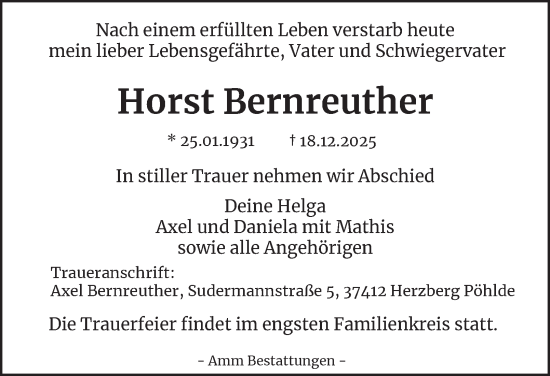 Traueranzeige von Horst Bernreuther von Harz Kurier