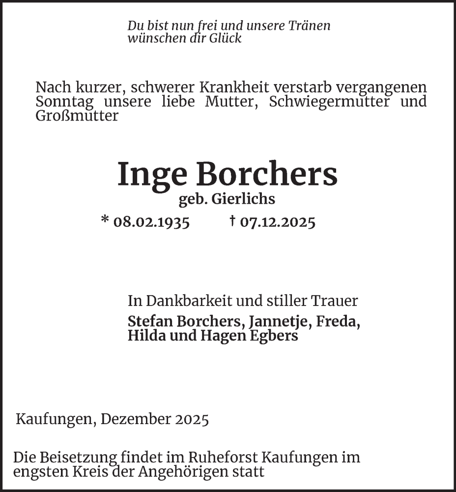  Traueranzeige für Inge Borchers vom 10.12.2025 aus Harz Kurier