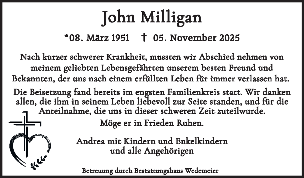  Traueranzeige für John Milligan vom 13.12.2025 aus Harz Kurier