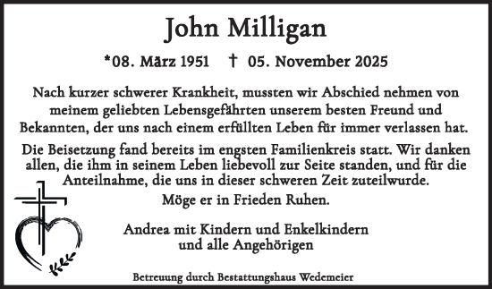Traueranzeige von John Milligan von Harz Kurier