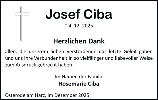 Traueranzeige von Josef Ciba von Harz Kurier