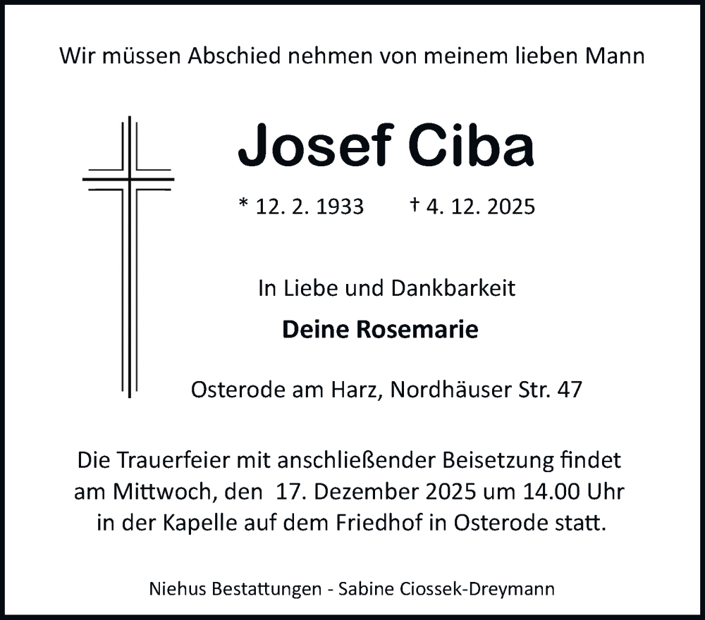  Traueranzeige für Josef Ciba vom 13.12.2025 aus Harz Kurier