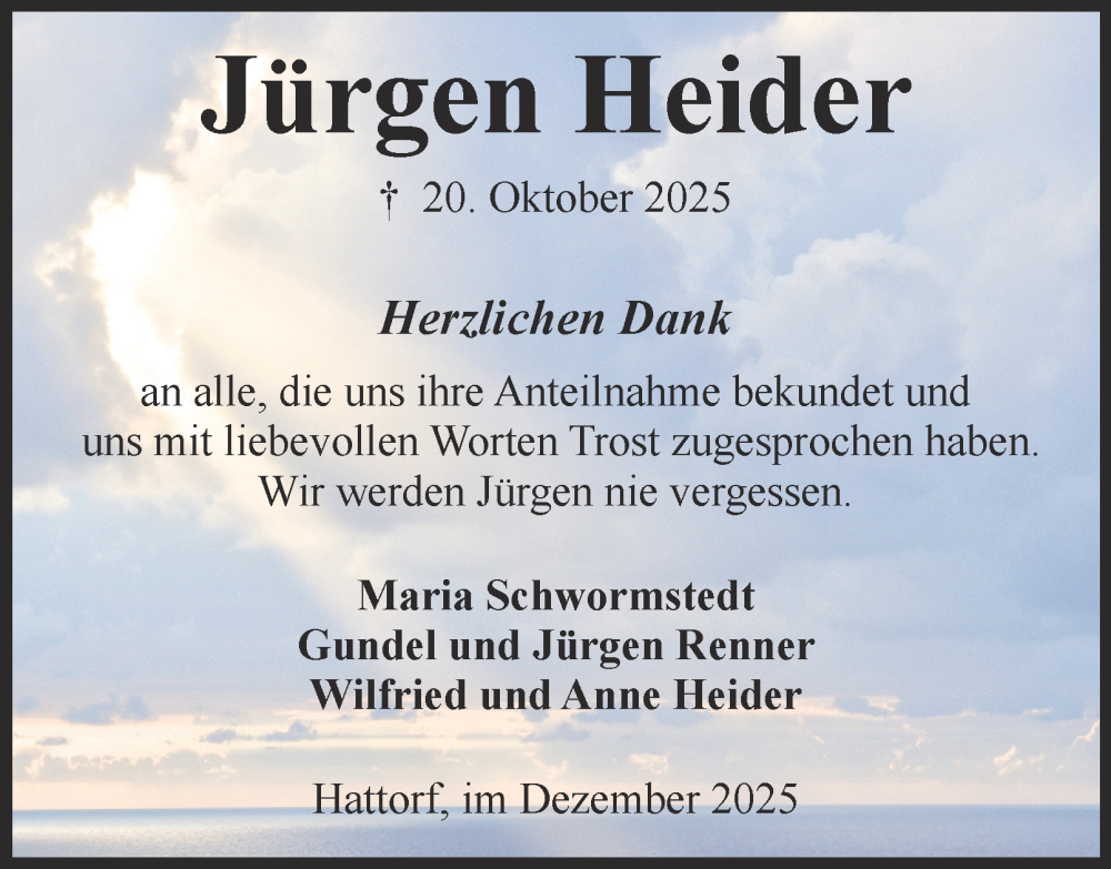  Traueranzeige für Jürgen Heider vom 06.12.2025 aus Harz Kurier