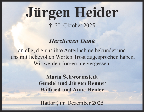 Traueranzeige von Jürgen Heider von Harz Kurier