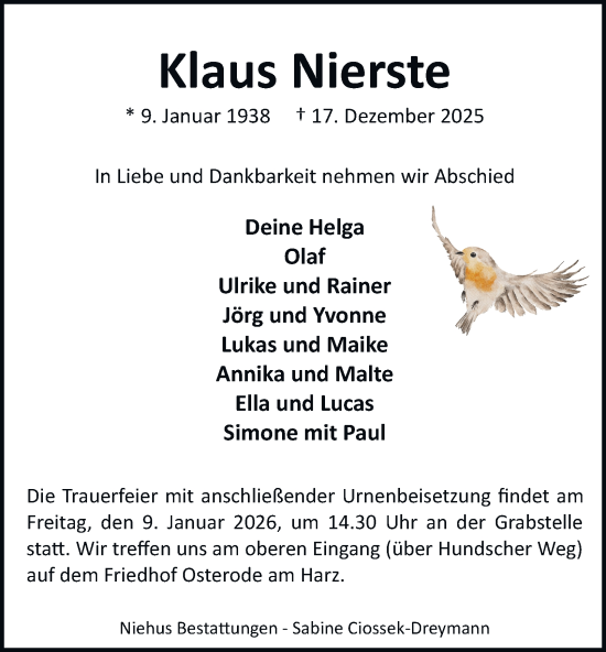 Traueranzeige von Klaus Nierste von Harz Kurier