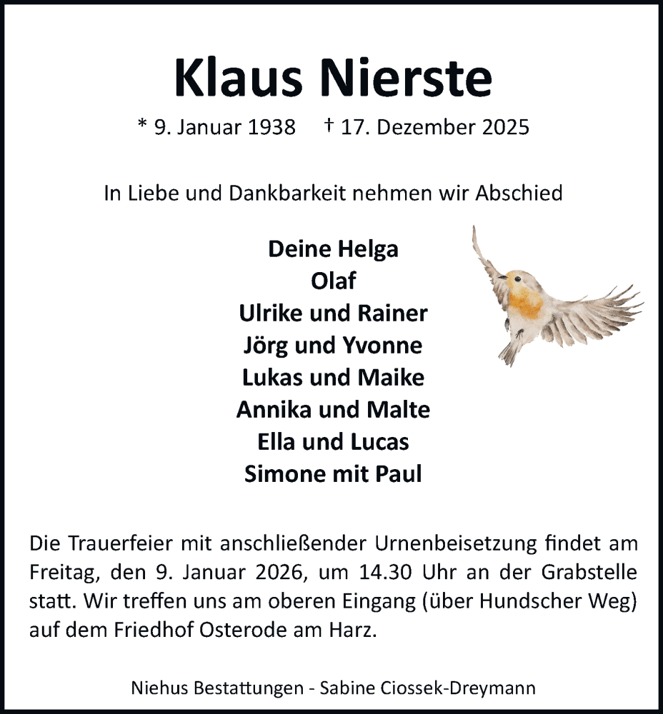  Traueranzeige für Klaus Nierste vom 27.12.2025 aus Harz Kurier