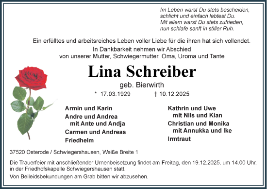Traueranzeige von Lina Schreiber von Harz Kurier