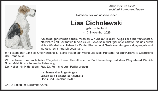 Traueranzeige von Lisa Cicholewski von Harz Kurier