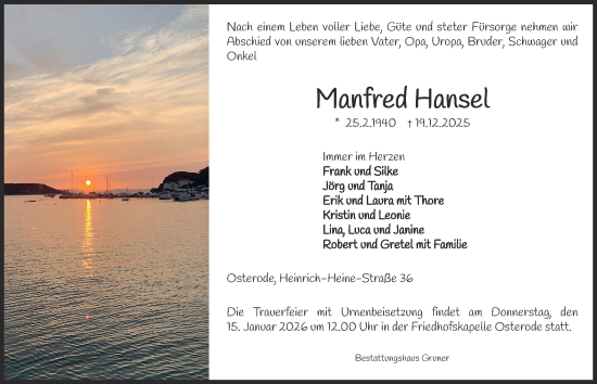 Traueranzeige von Manfred Hansel von Harz Kurier