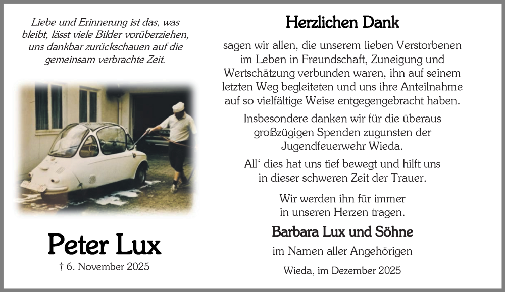  Traueranzeige für Peter Lux vom 20.12.2025 aus Harz Kurier