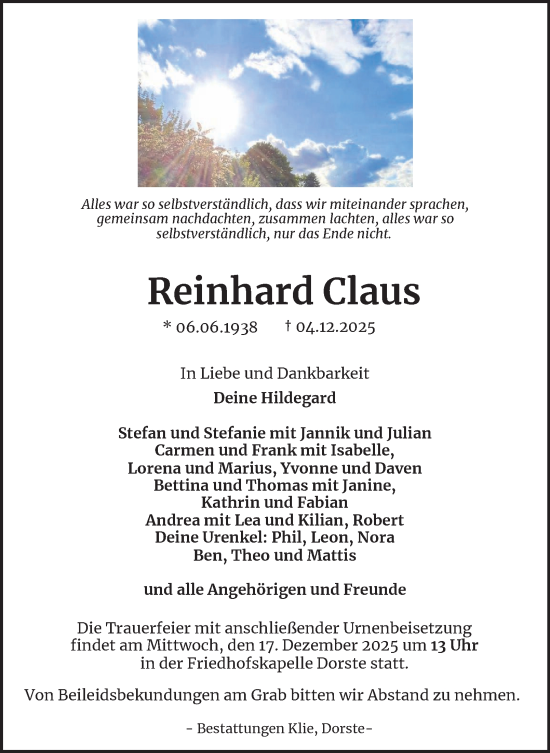 Traueranzeige von Reinhard Claus von Harz Kurier