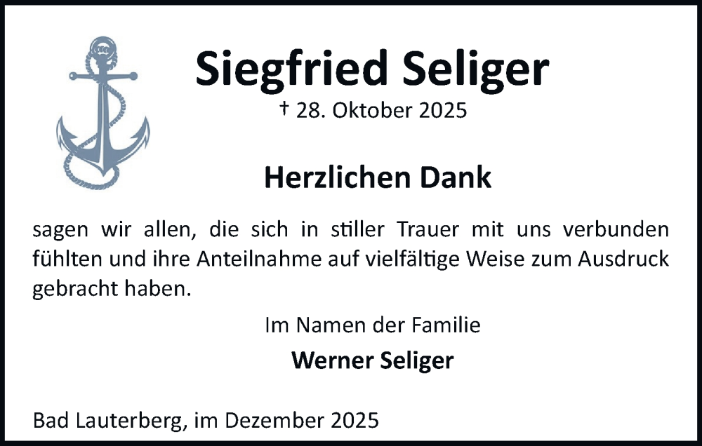  Traueranzeige für Siegfried Seliger vom 16.12.2025 aus Harz Kurier