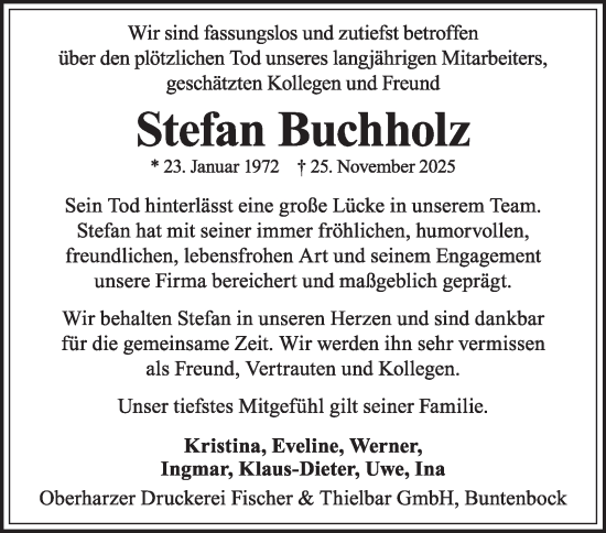 Traueranzeige von Stefan Buchholz von Harz Kurier