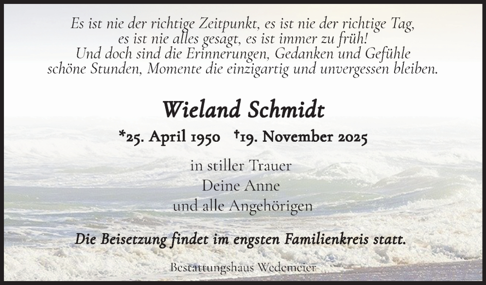  Traueranzeige für Wieland Schmidt vom 06.12.2025 aus Harz Kurier