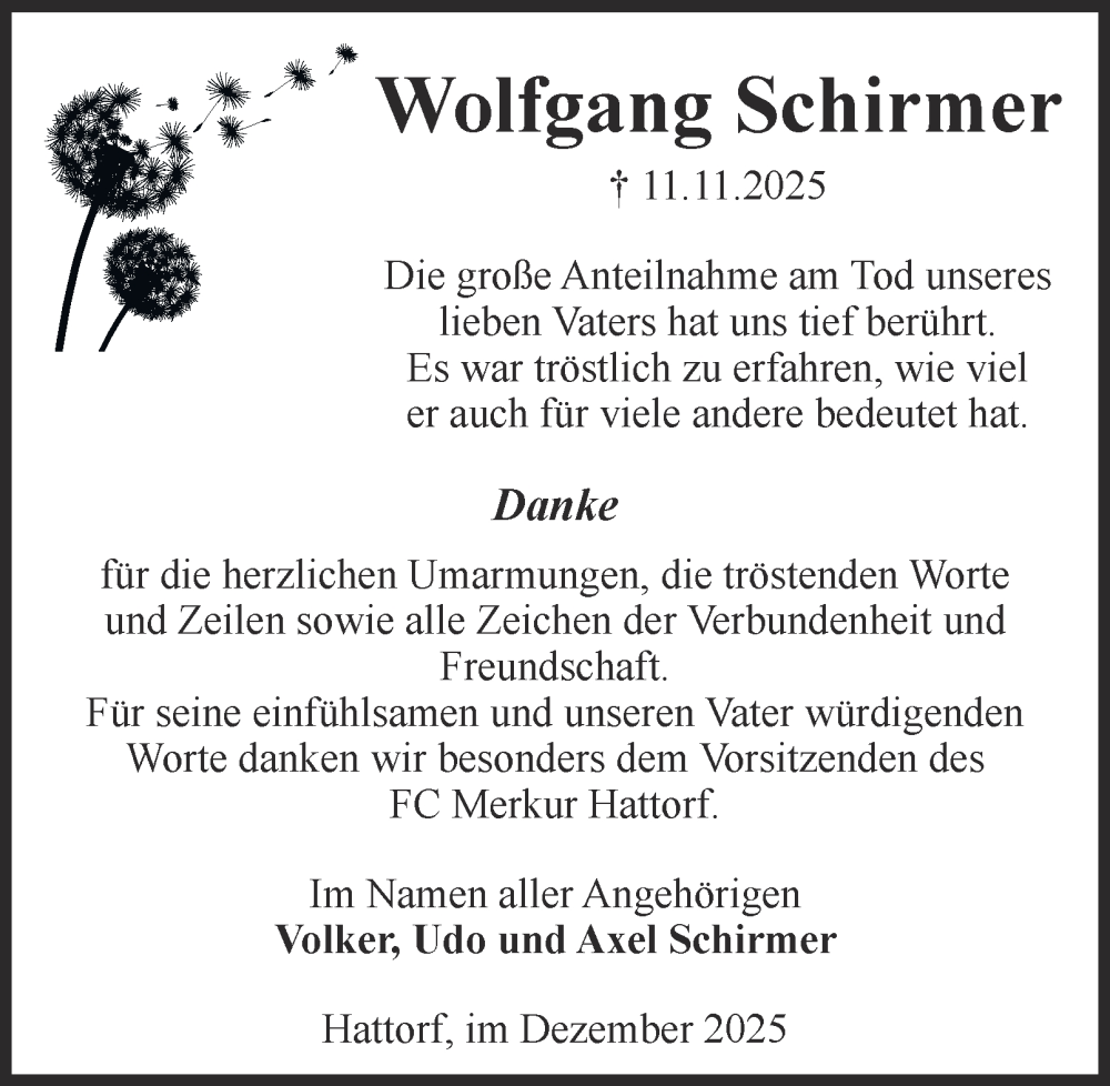  Traueranzeige für Wolfgang Schirmer vom 13.12.2025 aus Harz Kurier