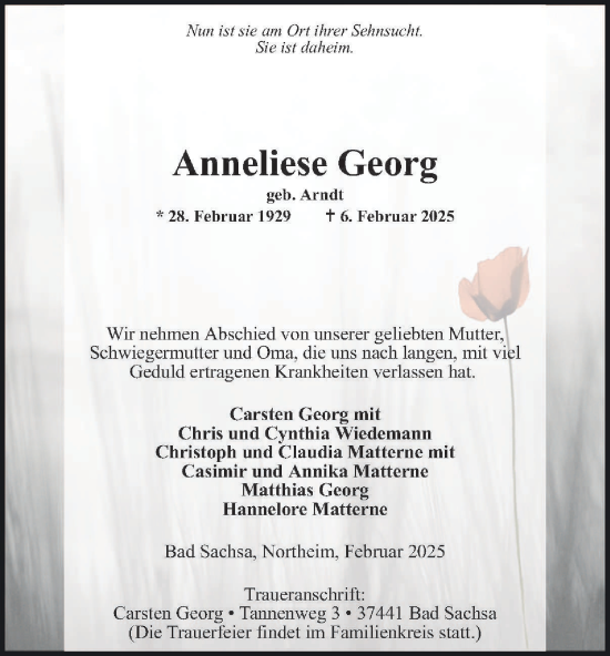 Traueranzeige von Anneliese Georg von Harz Kurier
