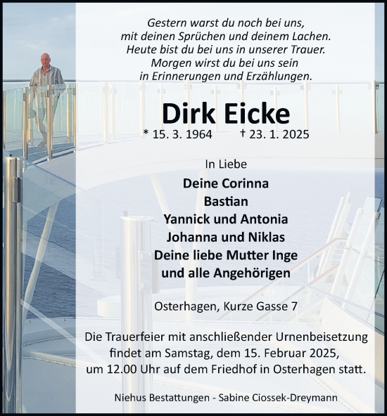 Traueranzeige von Dirk Eicke von Harz Kurier
