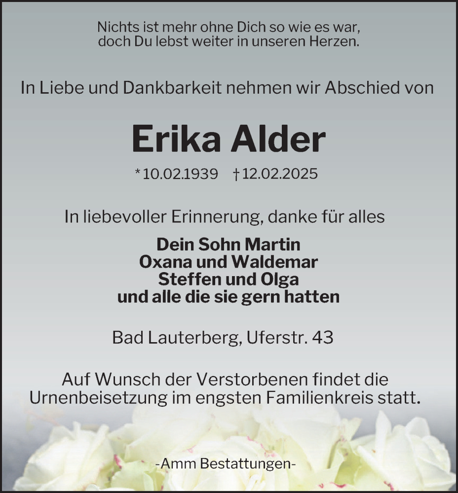  Traueranzeige für Erika Alder vom 15.02.2025 aus Harz Kurier