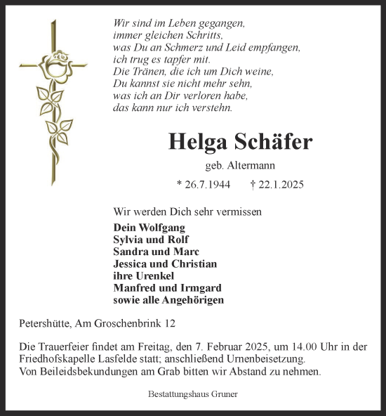 Traueranzeige von Helga Schäfer von Harz Kurier